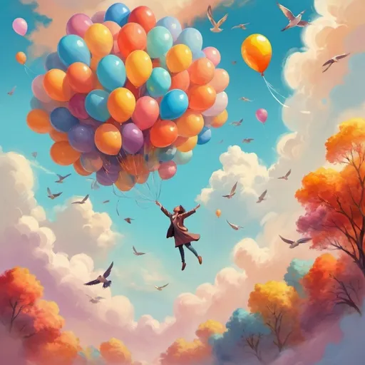 Prompt: Vibrant sky with fluffy clouds, person floating in the air, feeling of weightlessness, joyous expression, colorful balloons lifting them up, birds soaring high, sun shining brightly, optimistic atmosphere, surreal and dreamlike setting, digital painting, whimsical and imaginative style, warm and bright color palette, soft natural lighting.