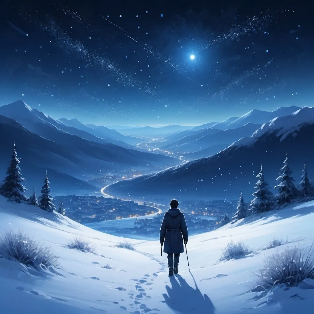 Prompt: Sparkling starlit night, snow-covered landscape, lone figure walking, distant city lights, vast open sky, constellations above, deep blue hues, icy white snow, serene and peaceful atmosphere, introspective mood, self-discovery journey, digital painting, high resolution, detailed snowflakes, cool color palette, soft moonlight, no figures besides the main character.