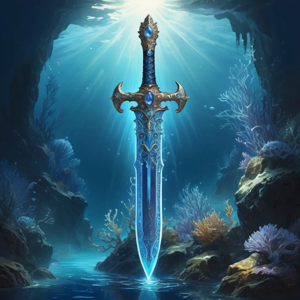 Prompt: Majestic fantasy sword, symbol of the sea king, ethereal and powerful, iridescent blue hues, translucent appearance, adorned with intricate blue gemstones, mystical aura, enchanting glow emanating from the sword, intricate hilt with a mesmerizing gemstone centerpiece, underwater setting, shimmering blue mist enveloping the surroundings, mythical and magical atmosphere, digital illustration, detailed and intricate design, captivating lighting effects, deep oceanic colors, ArtStation. Oil on canvas digital art