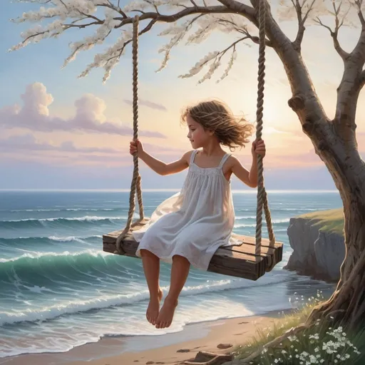 Prompt: Cliffs overlooking the seaside, dynamic waves crashing, rustic wooden fence lining the cliff edge, expansive ocean view with a distant horizon, sky painted with the colors of dawn, a solitary tree standing prominently with thick, twisting branches, a weathered swing gently swaying, an innocent child with ringlet hair and sparkling gray eyes, dressed in a flowing white homespun dress adorned with little white flowers, wild blooms scattered around, a charming woven rope swing hanging from a sturdy branch, capturing a moment of pure joy and innocence, detailed illustration blending realism with a touch of fantasy, vibrant and bright color palette bringing the scene to life, warm and inviting lighting enhancing the emotional connection