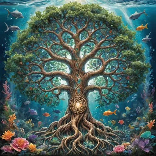 Prompt: A vivid and enchanting description of a majestic tree of life standing tall with lush leaves, vibrant lightning, and a mystical underwater world with swirling oceans, intricate roots, and hidden treasures waiting to be discovered.