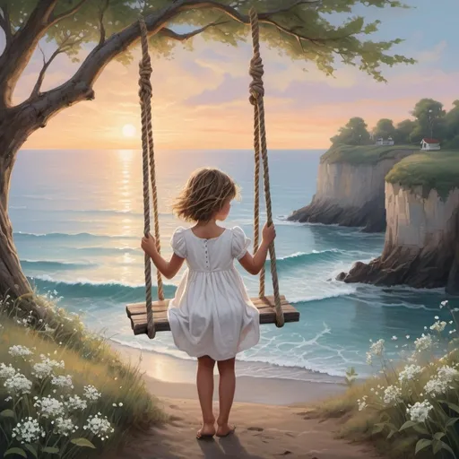 Prompt: Cliffs overlooking the seaside, dynamic waves crashing, rustic wooden fence lining the cliff edge, expansive ocean view with a distant horizon, sky painted with the colors of dawn, a solitary tree standing prominently with thick, twisting branches, a weathered swing gently swaying, an innocent child with ringlet hair and sparkling gray eyes, dressed in a flowing white homespun dress adorned with little white flowers, wild blooms scattered around, a charming woven rope swing hanging from a sturdy branch, capturing a moment of pure joy and innocence, detailed illustration blending realism with a touch of fantasy, vibrant and bright color palette bringing the scene to life, warm and inviting lighting enhancing the emotional connection