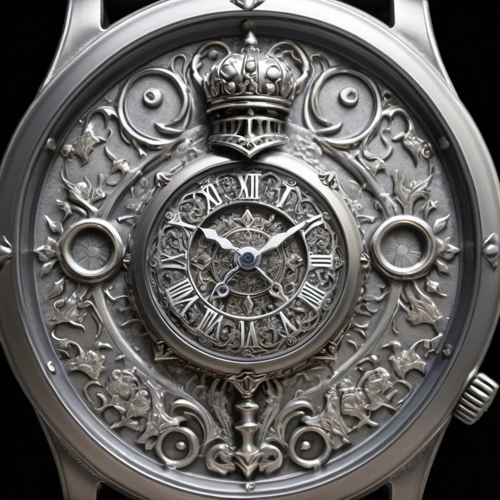 Prompt: Create an image of a beautifully crafted silver timepiece, left behind by a mysterious Silver Knight. The timepiece is an ornate pocket watch made entirely of silver, with intricate designs and symbols etched into its surface. The face of the watch has an ethereal glow, with faintly luminous hands and numbers that seem to shimmer with a magical light. The background of the watch face shows delicate patterns of intertwining worlds and dream-like landscapes, representing alternate realities. The silver case of the watch is adorned with the emblem of a knight’s crest and small, mystical runes that suggest protection and trust. The watch exudes a sense of timelessness and otherworldly magic, symbolizing the Silver Knight’s promise to always be there on time, guarding and guiding the girl through her journey across different realities.
