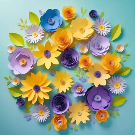 Prompt: colorful paper flowers, (clear blue) (yellow) (purple) , vibrant spring ambiance, delicate petals, dynamic arrangement, cheerful mood, soft sunlight illuminating the flowers, high contrast against a gentle background, fresh green leaves, ultra-detailed, artistic composition, warm tones blending harmoniously, showcasing the essence of springtime joy arranged in circle