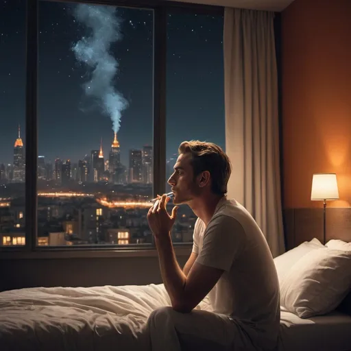 Prompt: Man smoking a cigarette in a bedroom at night looking up at the stars. There's a city with medium sized buildings all around that had orange light, ultra realistic