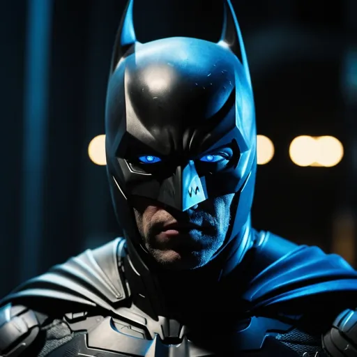 Prompt: Early 2000s style movie closeup of batman in modern battle suit with glowing blue eyes 4k Hd movie scene