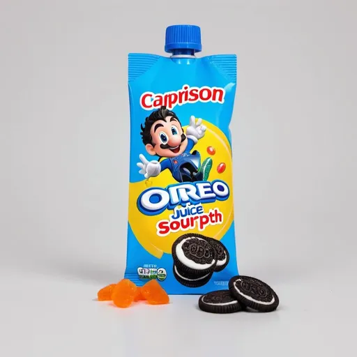 Prompt: Caprison mariocart pouch juice with sourpatch kid oreo on it