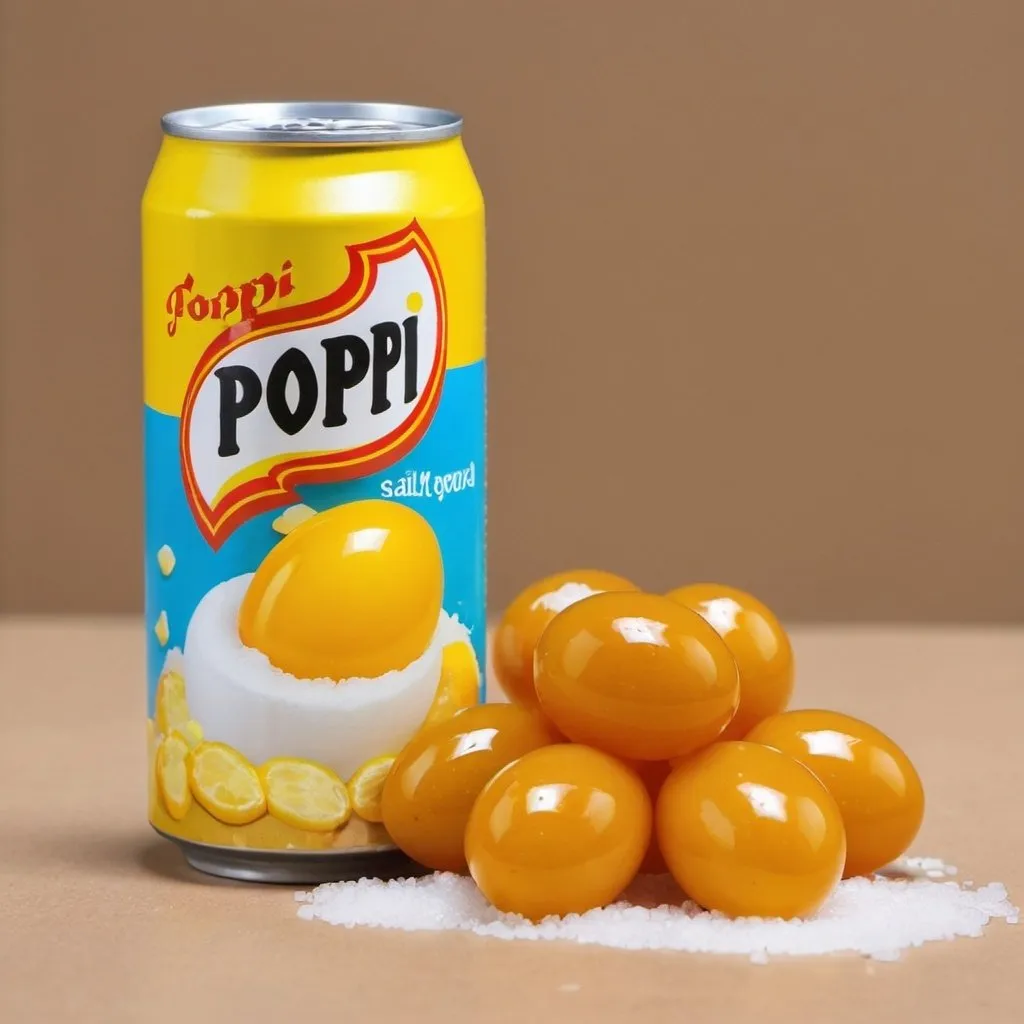 Prompt: dried egg yolk and salt and vinegar flavored poppi canned soda