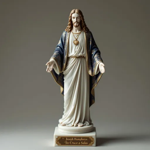 Prompt: A small Statue of Jesus with a plaque at the bottom. Jesus is wearing long robes and the sacred heart. The plaque features the name Joseph Humphreys on it and say “In Cruce a Salas” as well.