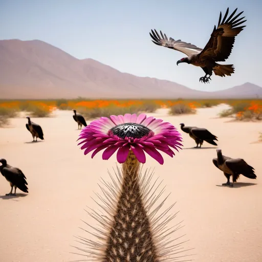 Prompt: flor no deserto quente com unubus sobrevoando 