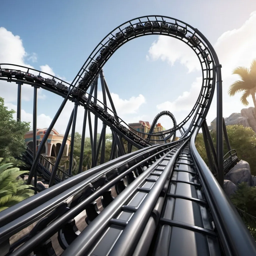 Prompt: Create a realistic cool image of the VelociCoaster, a thrilling roller coaster at Universal's Islands of Adventure, dropping