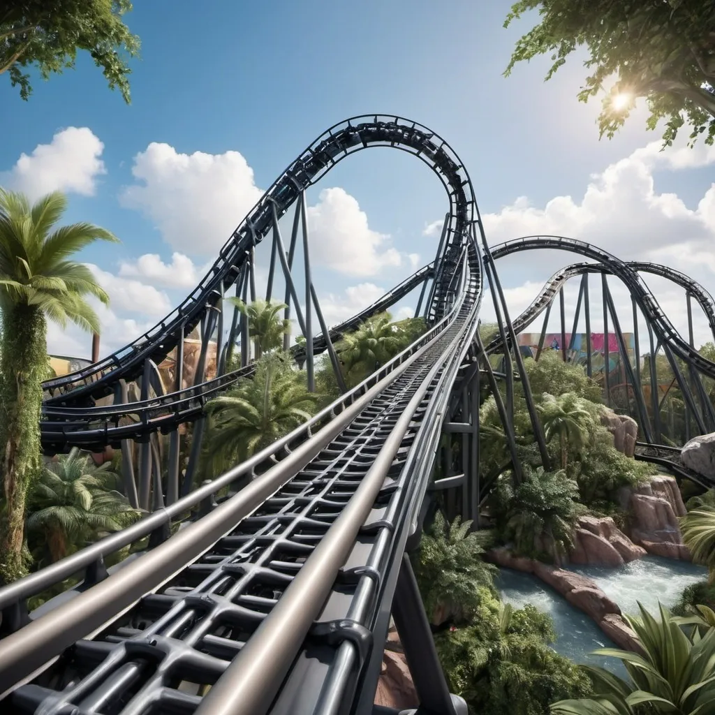 Prompt: Create a realistic image of the VelociCoaster, a thrilling roller coaster at Universal's Islands of Adventure, with dynamic twists, turns, and a backdrop of lush greenery and a clear sky