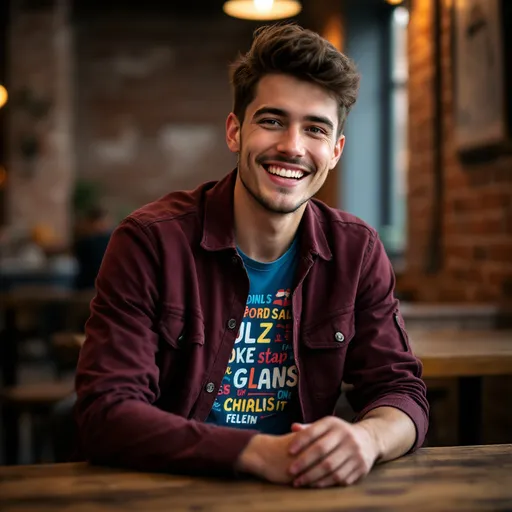 Prompt: A young man sits casually at a wooden table, exuding a warm and friendly demeanor with a bright smile. He sports a maroon jacket over a blue graphic t-shirt featuring colorful text and designs. The background reveals a rustic setting with exposed brick walls and subtle lighting, creating an inviting atmosphere. The focus is primarily on him, while the blurred wooden table beneath conveys a sense of depth and texture. The overall mood is relaxed and engaging, suggesting a moment of conversation or contemplation in a cozy environment.