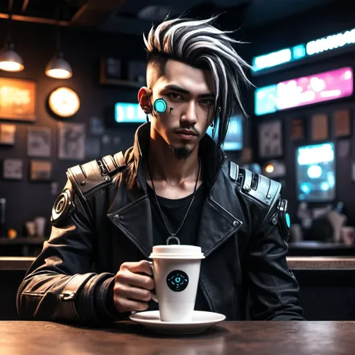 Prompt: <mymodel> Anime cyberpunk style, man in coffee shop, highly detailed, HD, dark background