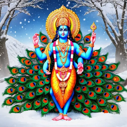 Prompt: Image for lord murugan sitting on the peacock background snow with peacock feather spread