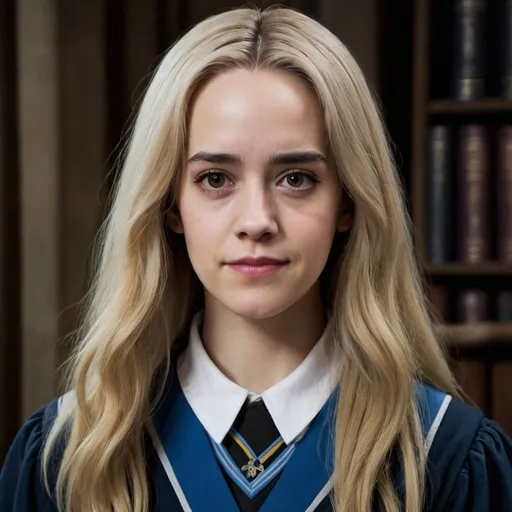 Prompt: Cordelia Corowley is a first year Ravenclaw student at hogwarts. She also is a vampire. She has very white skin, brown eyes and blond long hair. She looks like Sarah Paulson but younger.