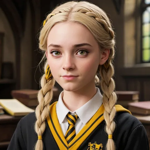 Prompt: Can you do Penny Haywood, the Hufflepuff student from Hogwart Mystery. She is blond She's an introvert. She has two braids
But realistic and detailes. She needs to wear  Hufflepuff uniform (yellow). 