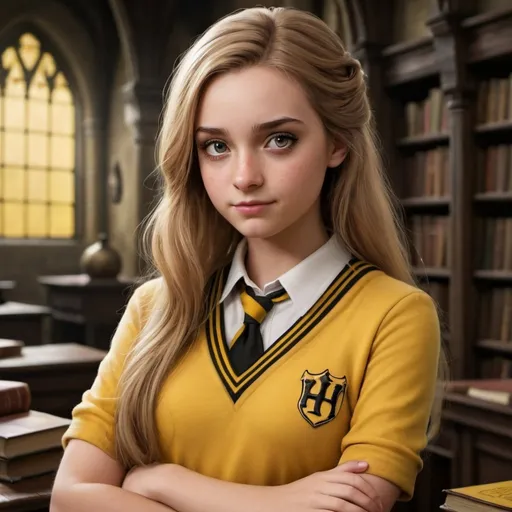 Prompt: Can you do Penny Haywood, the Hufflepuff student from Hogwart Mystery. But realistic and detailes. She needs to wear  Hufflepuff uniform (yellow) 