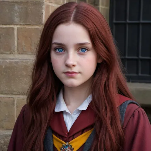 Prompt: A detailed image of Adeline. A first year Griffindor student at Hogwarts. She looks a like Adeline Toniutti. She has red dark hair long (died red, not natural), blue eyes with a lot if geay. She is popular. She looks like the picture, but younge