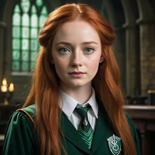 Prompt: Detailed image of Eleanor, slytherin first year student at Hogwarts, long red hair, green eyes, sly and intelligent expression, high-quality, fantasy, magical, detailed hair, slytherin, green tones, mystical lighting. With Slytherin uniform Looks a bit like Miranda Otto but younger 
