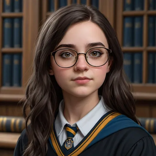 Prompt: A detailed image of Enid Rose. A first year Ravenclaw student at Hogwarts. She has brown dark hair, brown eyes, wear black and gold glasses. She is curious, loves art and she's not at ease with talking with others. 