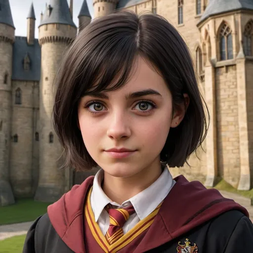 Prompt: A detailed image of Lucy. A first year Griffindor student at Hogwarts. She has black short strait hair, broww eyes. She's italian. She's oustide Hogwarts castle on the picture.