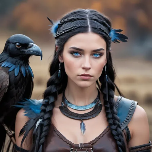 Prompt: A beautiful gen z Viking woman with long flowing black hair and braids with feathers. Blue eyes, smaller upper lip, European features. Has a fierce look on her face, looking off into the distance. There is a crow flying around her 