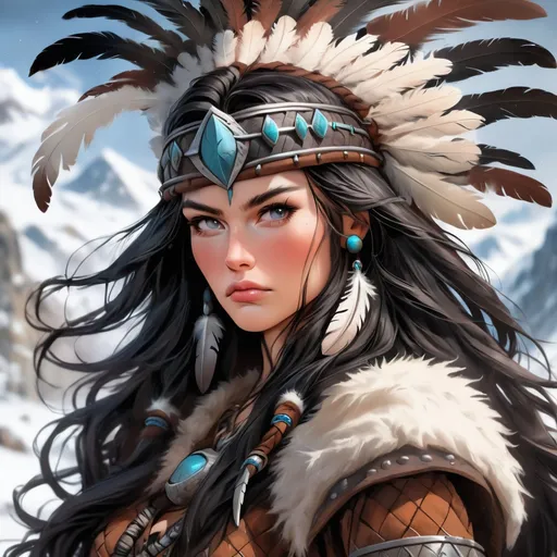 Prompt: A beautiful gen z Viking woman with long black flowing hair decorated with feathers. She has a fierce look on her face, she’s looking off into the distance. Wearing adventurer clothing. She has a smaller upper lip and European features. 