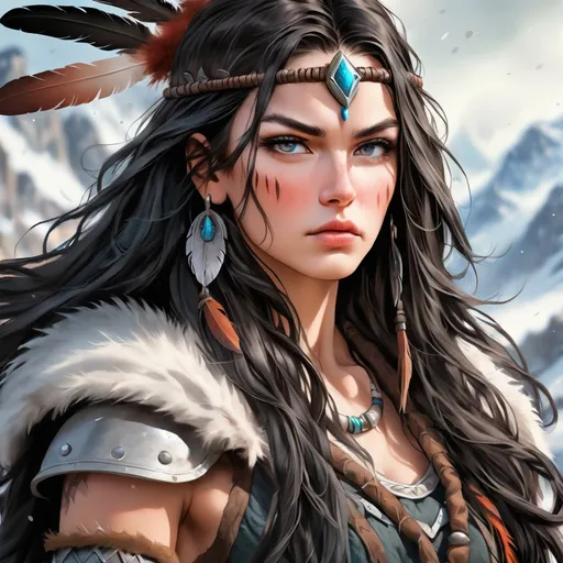 Prompt: A beautiful gen z Viking woman with long black flowing hair decorated with feathers. She has a fierce look on her face, she’s looking off into the distance. Wearing adventurer clothing. She has a smaller upper lip and European features. 