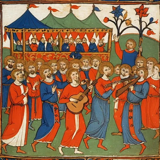 Prompt: Early medieval painting of a musician performance in a carnival in front of the crowd