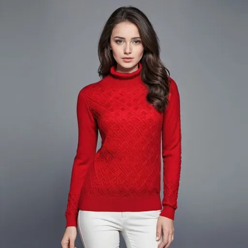 Prompt: Fine knit women's sweater, ribbed sleeves and hem, 2-button collar, sweater self-patterned, floral and geometric patterns, symmetrical, single color, accessories are the same color as the sweater, may have zigzag patterns, elegant sweater that women will like,color red, show details , realty, purl knit

