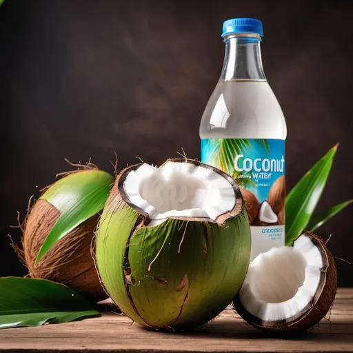 Prompt: Create a stunning image of coconut water with file format JPEG, color profile prophoto RGB, dimension 2.000 px and 10.000 px