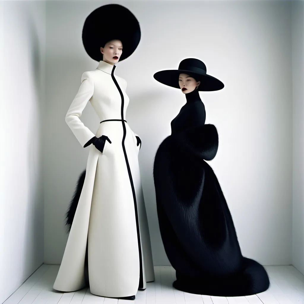 Prompt: /imagine a full-length image of a strikingly gorgeous model posed artistically for an editorial photoshoot, standing against a white wall, wearing an avant-garde ensemble with a black fur coat and matching hat, paired with a white dress. black wires curve around the woman, poise, elegance. eiko ishioka, alexander McQueen, haute couture, in style of tim walker, style of paolo roversi, nick knight, by Alexander McQueen, art nouveau fashion,  photography, paolo roversi, speculative fashion. reflection, shadows, deep contrast, sharp focus