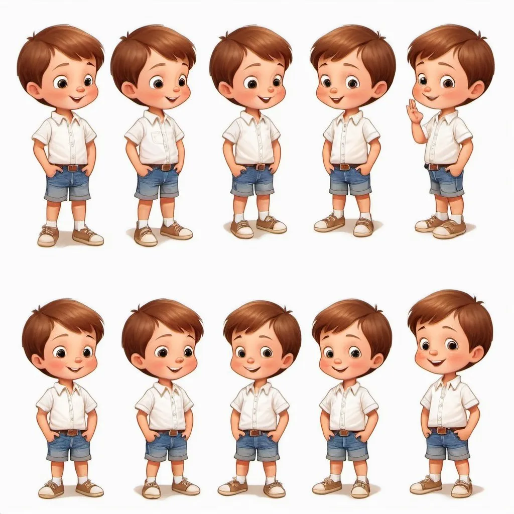 Prompt: Little Tom in various poses, children's book illustration style, simple and cute, charismatic, 6-year-old, white background, short brown hair, plain colors, white short-sleeved shirt, denim shorts, no accessories, high quality, children's book illustration, simple and cute style, charismatic expressions, 6-year-old kid, white background, children's book colors, clean and smooth lines, natural and soft lighting