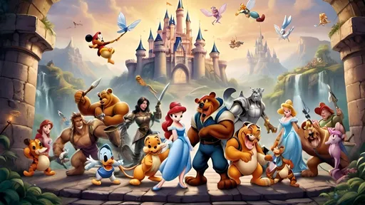 Prompt: Different Disney Characters including but not limited to Belle, Ariel, Mickey Mouse, Daisy Duck, Donald Duck, Minnie Mouse, Scar, Mufassa, Simba,Cinderella, The Fairy Godmother, Lilo,Stitch, Tinker Belle, Peter Pan, Winnie the Pooh, Tigger, Ursala, Hercules, Zeus and other well known Disney Characters fighting in a battle, wearing different kinds of armor and brandishing different kinds of weapons including magical weapons in a mystical setting with a castle in the background 