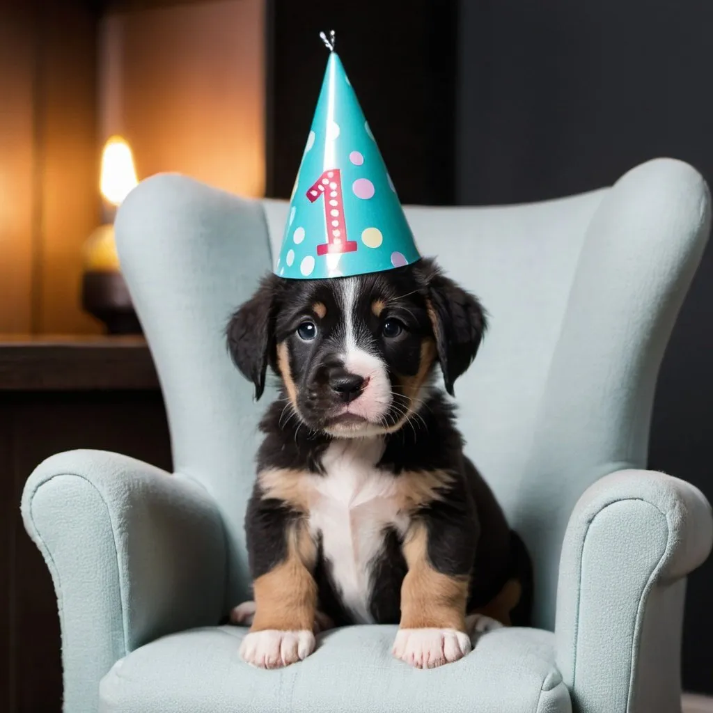 Prompt: A puppy wearing party hat sitting in a cozy armchair