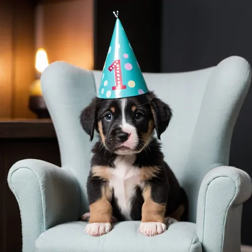 Prompt: A puppy wearing party hat sitting in a cozy armchair