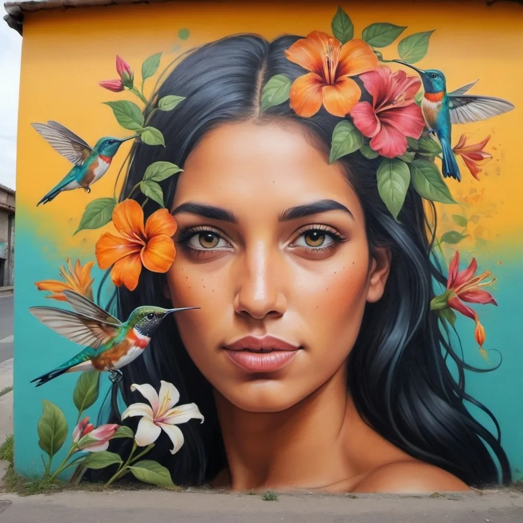 Prompt: mural pintura artística tipo grafiti que representa la feminidad con mazorca de maíz y colibris, flores