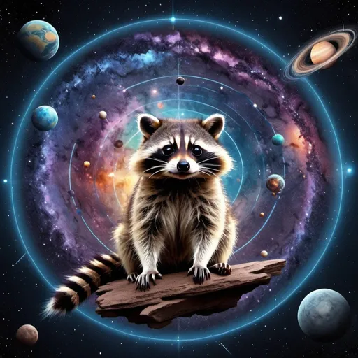 Prompt: A captivating, dynamic scene featuring a cutely realistic raccoon with extra fluffy fur. The adorable creature is perched on a detailed, intricate map of the universe, which is filled with countless galaxies, nebulae, and stars. Each galaxy showcases a unique color and design, creating a mesmerizing kaleidoscope of cosmic beauty. At the center of the map, a supermassive black hole looms, drawing in everything around it. Surrounding the universe map are planets, comets, and asteroids, adding depth and dimension to the celestial landscape. The image is a stunning blend of 3D render, conceptual art, and wildlife photography., wildlife photography, conceptual art, photo, 3d render 