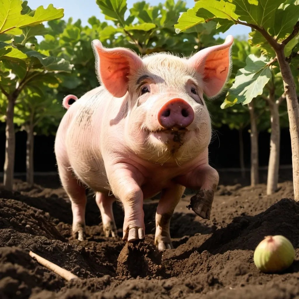 Prompt: a big pig digging and dancing because he found a fig
