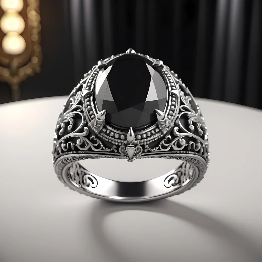 Prompt: silver ring with black stone little big and oval, like teeth hung on the stone like crown