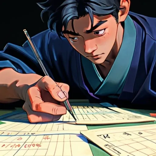 Prompt: a Japanese boy doing math homework