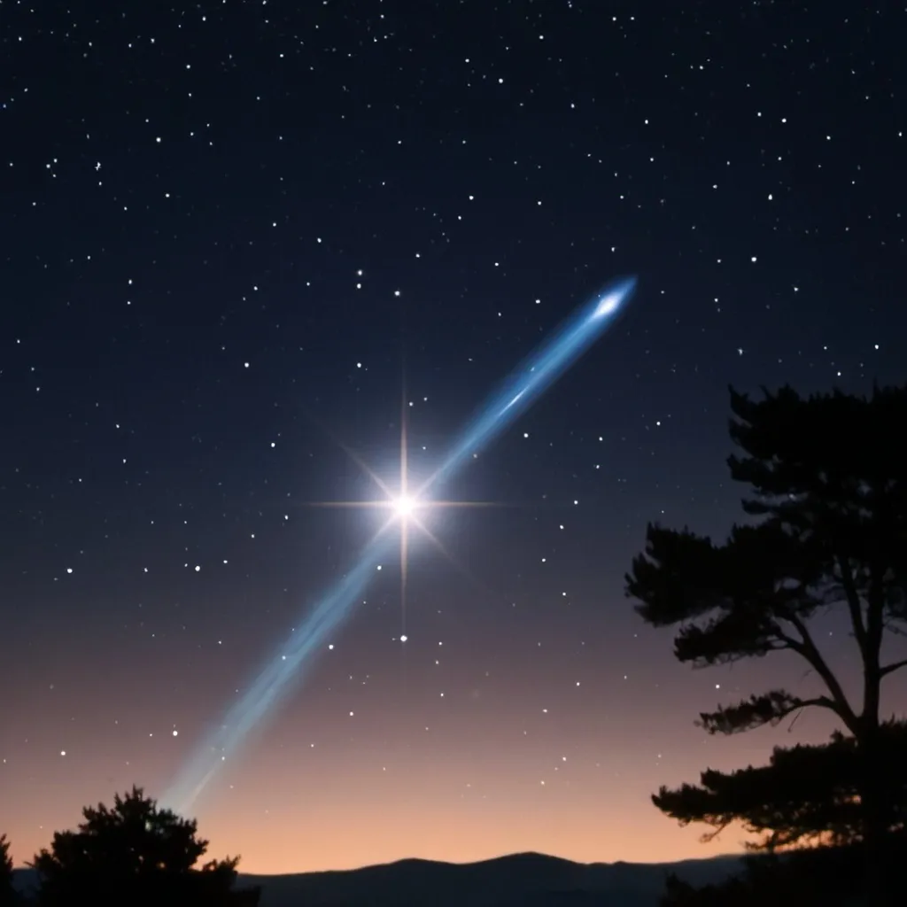 Prompt:  immagine  di una stella cometa in un cielo stellato con in primo piano le ombre di due innamorati