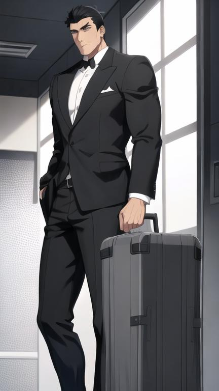 Prompt: A man with short black hair, black eyes, handsome, masculine appearance, tall and muscular, wearing a black mafia suit. He seems respectful and polite,