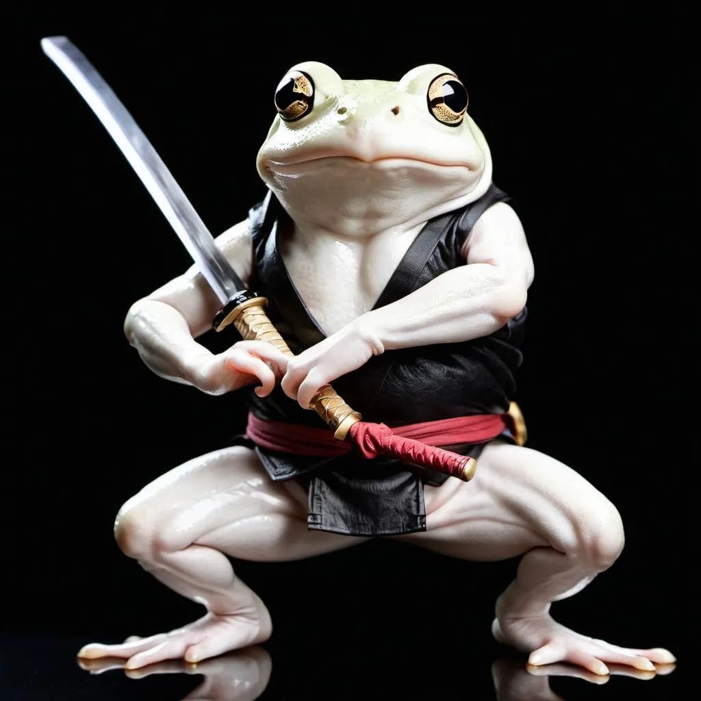 Prompt: A white frog wielding a katana, black background 