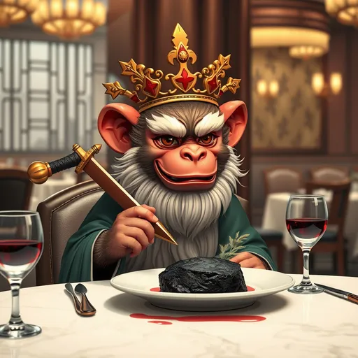 Prompt: Chinese mythology monkey with crown and sword, sitting in a fine dining restaurant with black steak in his plate on a table