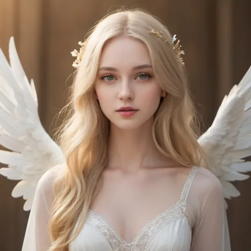 Prompt: An angel of light. Light long blonde hair, amber eyes, pale skin, and an off-white dress with white wings. Everything about her is golden and slightly glowing. Dainty, thin, and perfect