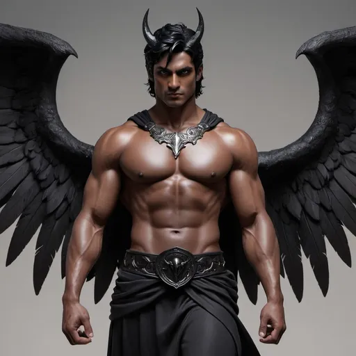 Prompt: A demon of darkness. Very dark grey skin, dark eyes, hardened face. Shorter black hair. Black wings. Not a lot of muscle. no shirt, but he has a dark brown toga around his upper body. realistic.