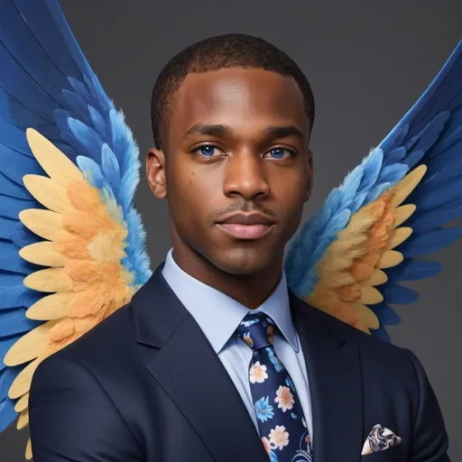 Prompt: a black man in a navy-blue suit, a floral patterned tie that only has blues, no other color. clean fluffy light brown hair, blue eyes. He also has some sort of big blue wings on his back that match the rest of his attire