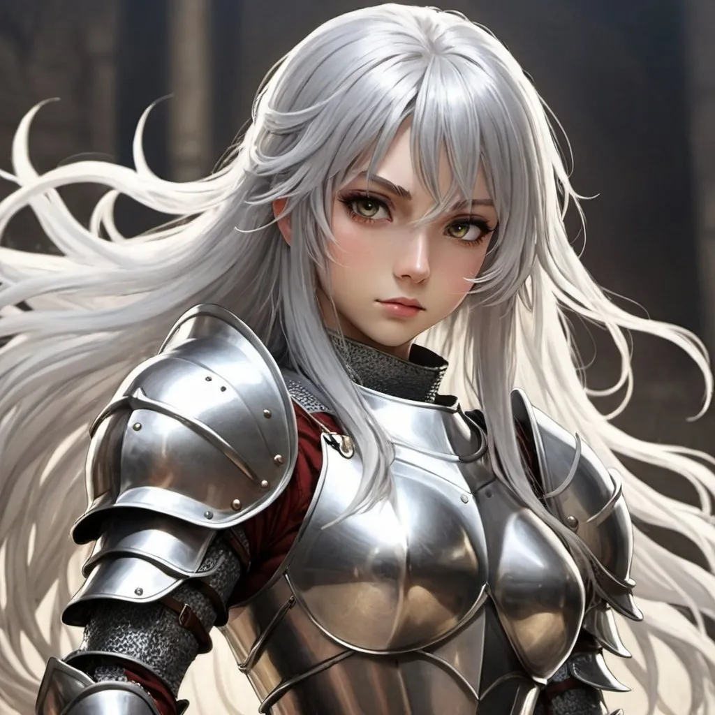 Prompt: Cool, female knight, long silver hair, anime